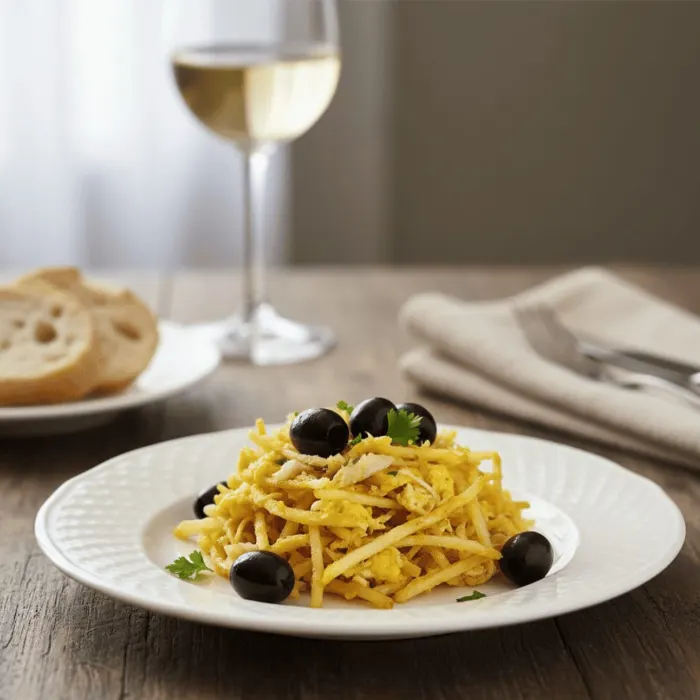 Bacalao a la Dourada (à Brás) con patata paja, huevo y aceitunas negras